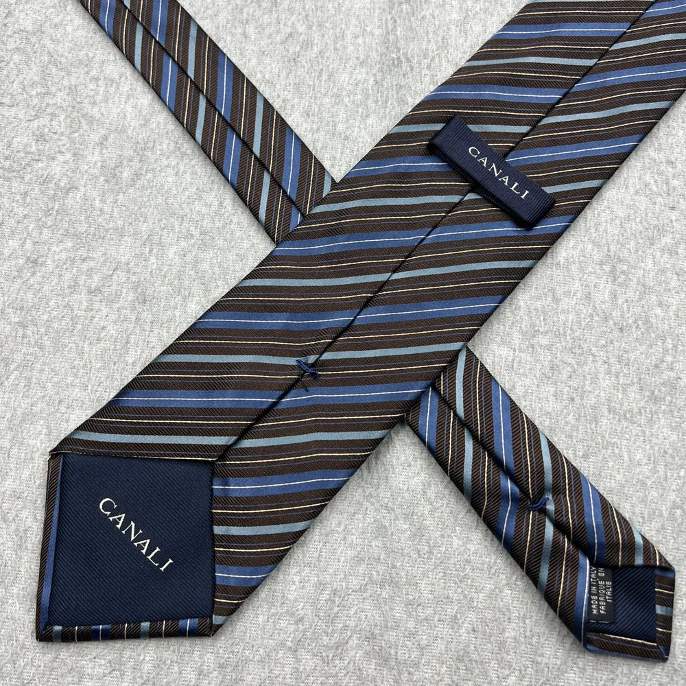 Canali 100% Silk Tie Brown Blue Striped 3.75